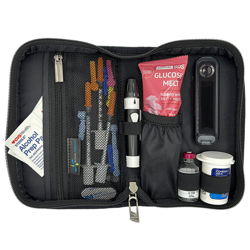 Sugar Medical Diabetes Supply Case II in black  inside set up with glucose meter, test strips, lancet, glucose tabs and wipes. 