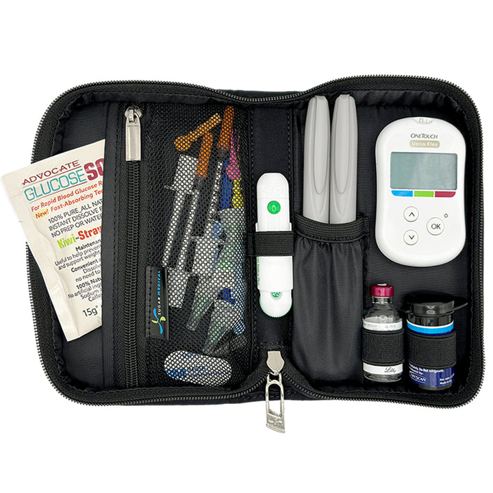 Sugar Medical Diabetes Supply Case II in black inside set up with glucose meter, test strips, lancet, insulin pens and glucose sos. 