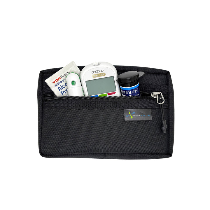 Black removable supply pouch that fits diabetic supplies
