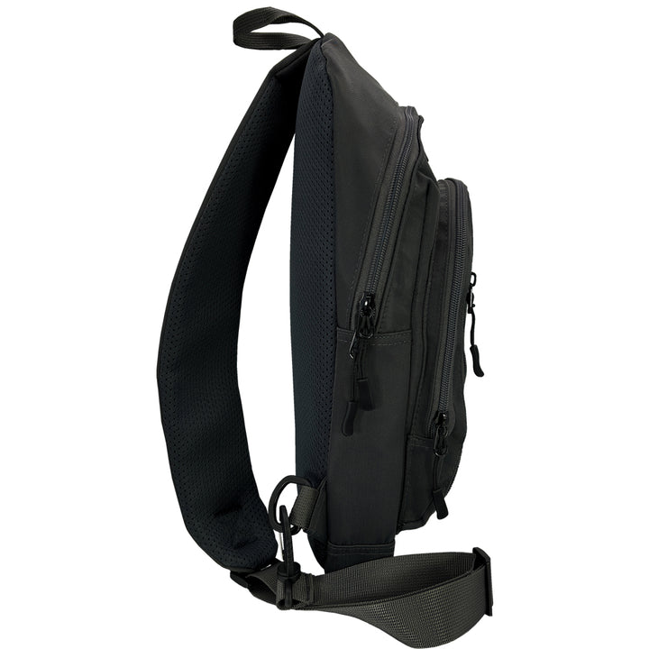 Side of black sling bag on a white background