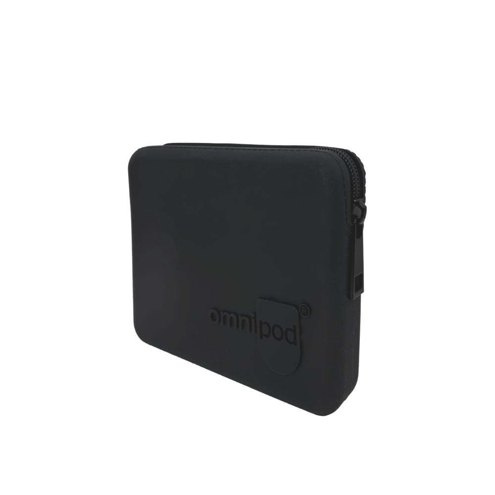 Side view of the Black Omnipod® Protective Travel Case: A side profile of the black Omnipod® protective travel case, highlighting its slim and compact design with a zippered closure.