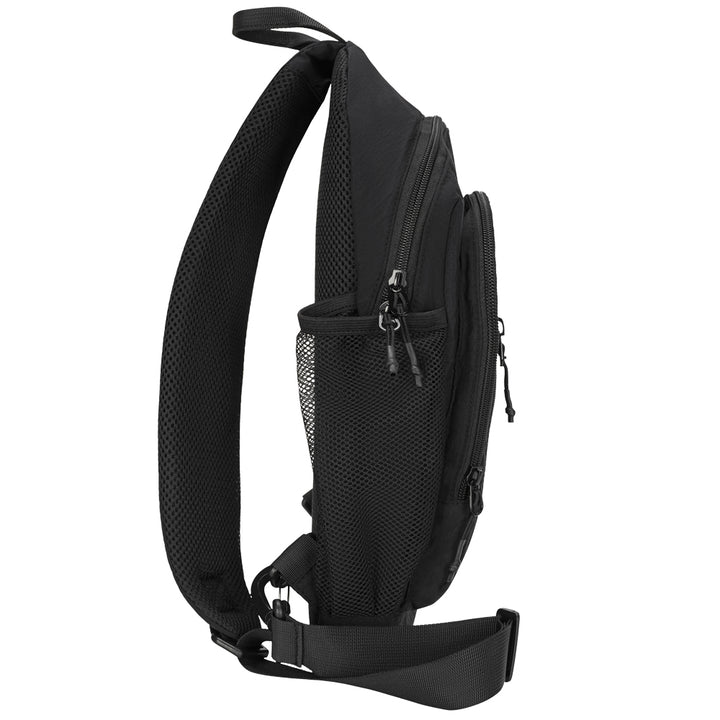 Black sling backpack with mesh side pocket and adjustable shoulder strap, shown from a side profile view on a white background.