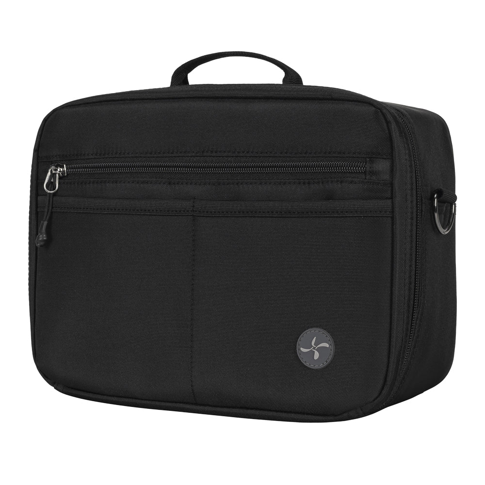 Side of the black insulated diabetes travel bag showing the black zipper and matching black handle. 