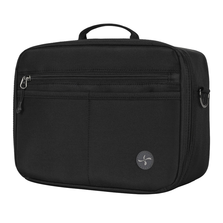 Side of the black insulated diabetes travel bag showing the black zipper and matching black handle. 