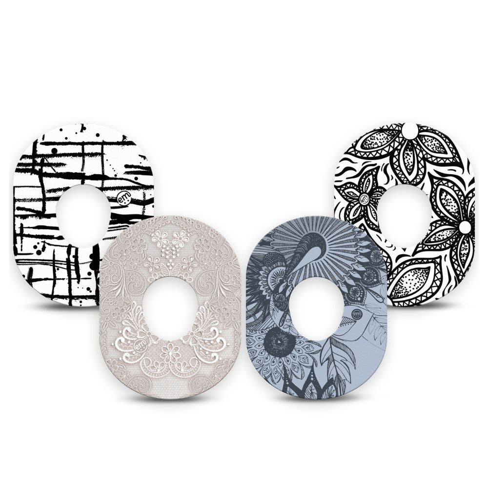 Expression Med Dexcom G7 Tape Black and White with pack that contains one of each of Expression Med patch designs: Dani, B & W Drip, Black Tie Floral and Lace and White Variety Pack