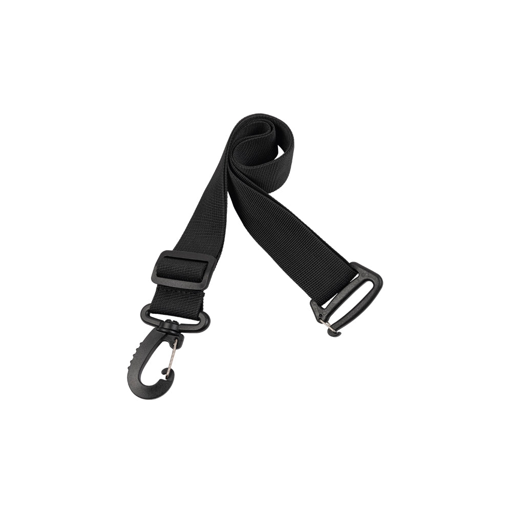 A black nylon webbing strap with black metal hardware, including a carabiner clip and a quick-release buckle, shown on a plain white background.