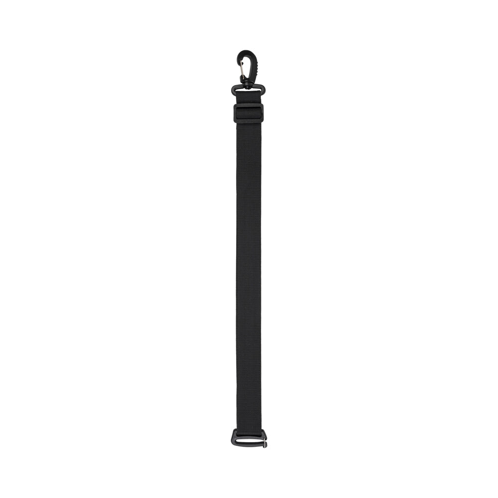 A black nylon strap with a black metal carabiner clip at the top and a black plastic quick-release buckle at the bottom, shown vertically on a plain white background.