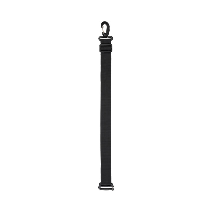 A black nylon strap with a black metal carabiner clip at the top and a black plastic quick-release buckle at the bottom, shown vertically on a plain white background.