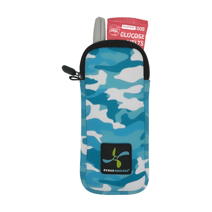 Blue Camo Neoprene Insulin Pen Pouch with insulin pen and Glucose SOS melts in it. 