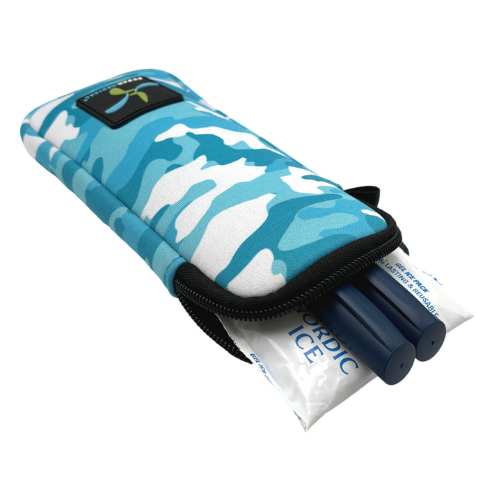 Two insulin pens and a small ice pack coming out of the top zipper of the Blue Camo Neoprene Insulin Pen Pouch. 