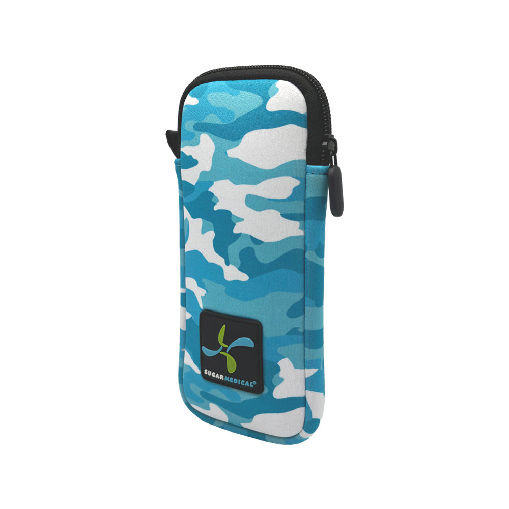 Bue Camo Neoprene Insulin Pen Pouch with a black top zipper and a depth that fits small ice pack, insulin pen, glucose and more.  