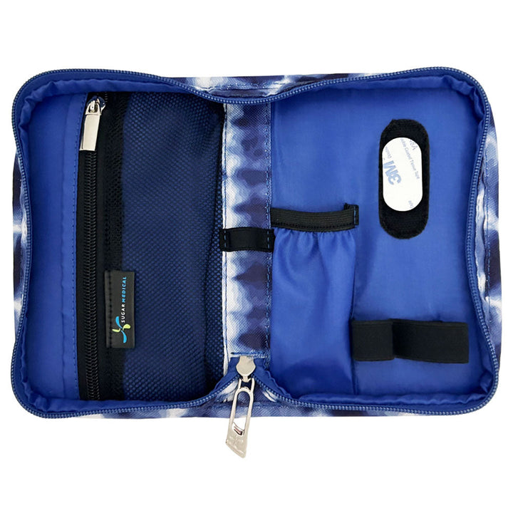 Sugar Medical Diabetes Supply Case II blue tie dye design inside with pockets and loops to organize your diabetic supplies. 
