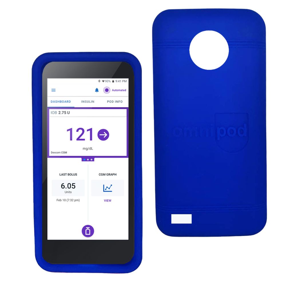 Front and back views of Omnipod gel skin case in blue, showing protective cover with soft silicone texture.