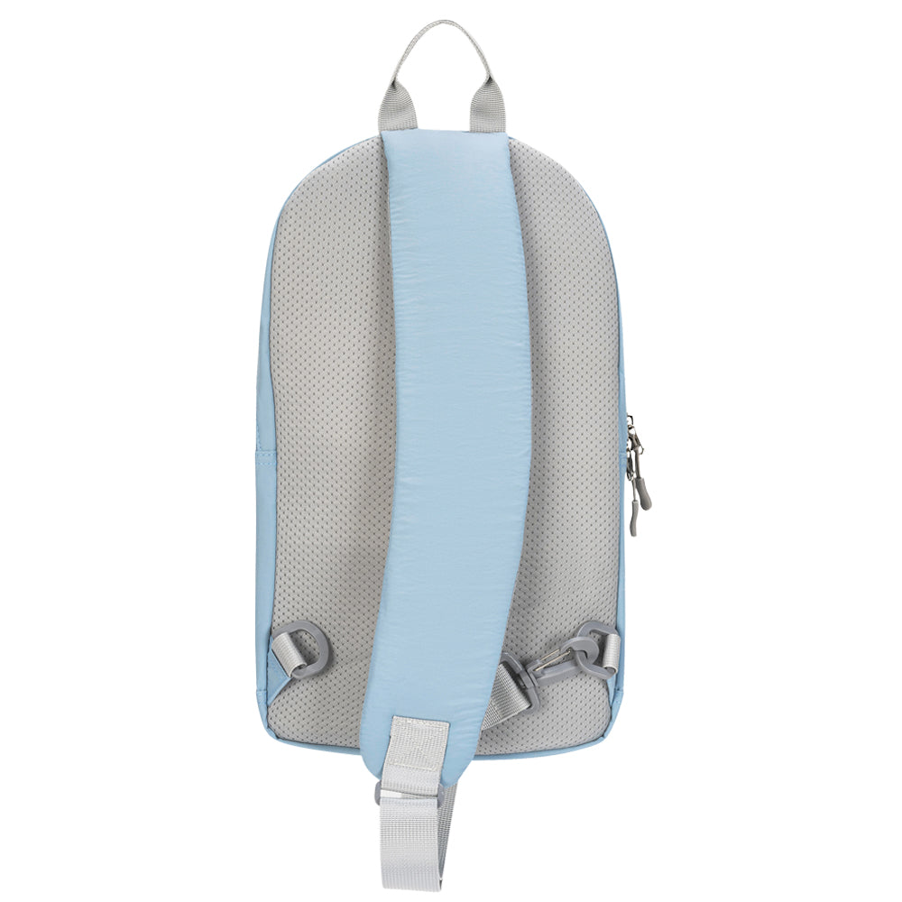 The back view of a light blue and gray backpack, showing the breathable mesh back panel, a wide light blue shoulder strap, and a side zipper, set against a plain white background.