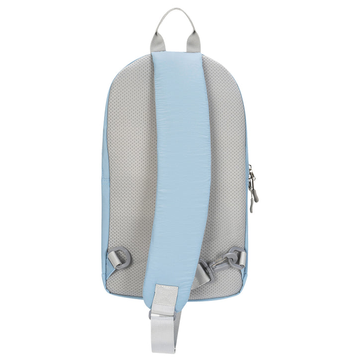 The back view of a light blue and gray backpack, showing the breathable mesh back panel, a wide light blue shoulder strap, and a side zipper, set against a plain white background.