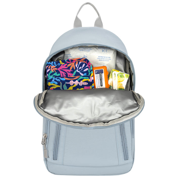 A light blue insulated backpack shown open from the front, revealing a silver interior and packed with items including a diabetes supply case, glucagon, ice, and small snack packs.