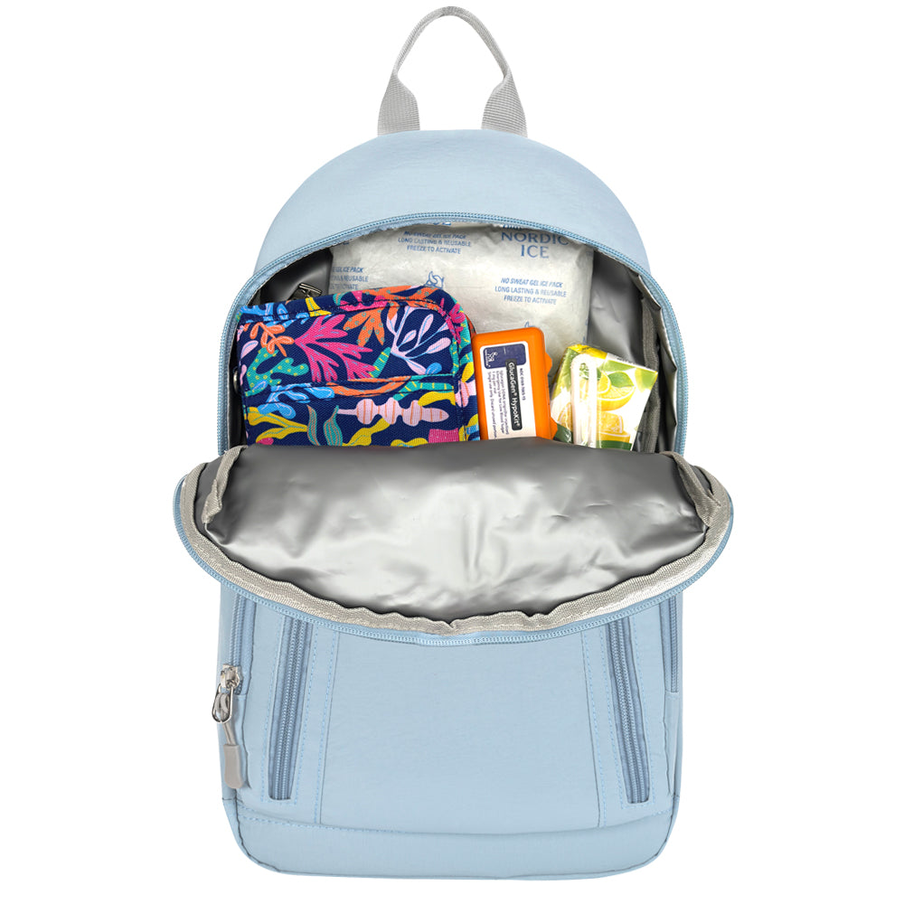A light blue insulated backpack shown open from the front, revealing a silver interior and packed with items including a diabetes supply case, glucagon, ice, and small snack packs.