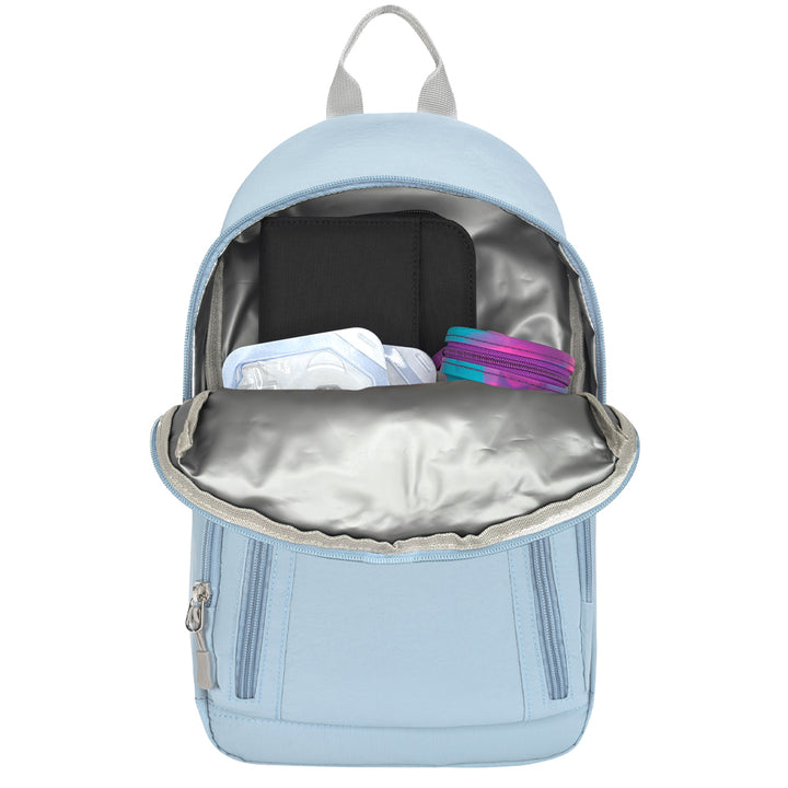 A light blue backpack shown open, revealing a silver interior lining and storage compartments containing diabetes supplies.