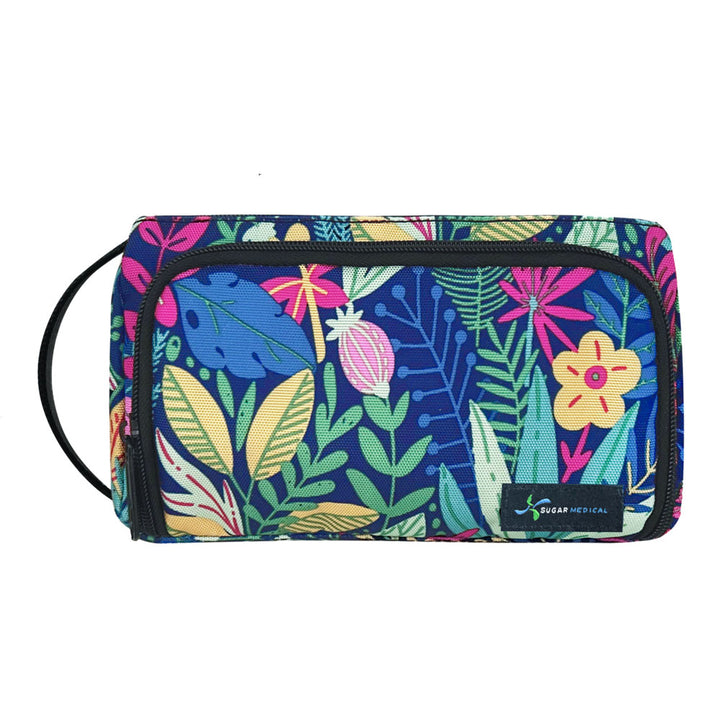 A blue floral pattern stylish and lightweight Insulated Diabetes Insulin Supply Case with large, zippered back compartment and front zippered insulated compartment. 