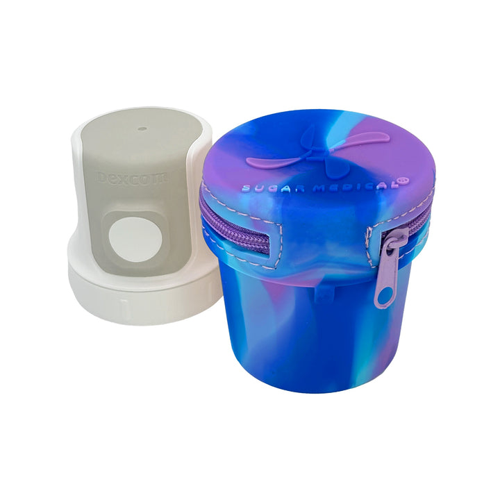 Front of blue purple G7 Protective Travel Case with Dexcom 7 inserter next to it.