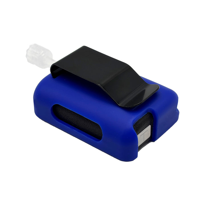 Bue Tandem Mobi EZ-To-Charge Clip with Mobi insulin pump inside the case, laying flat on a surface.