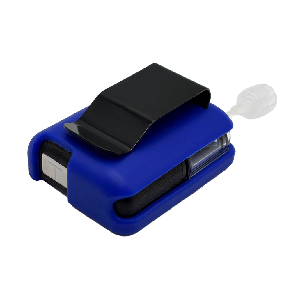 Blue Tandem Mobi EZ-To-Charge Clip with Mobi insulin pump inside the case, laying flat on a surface.