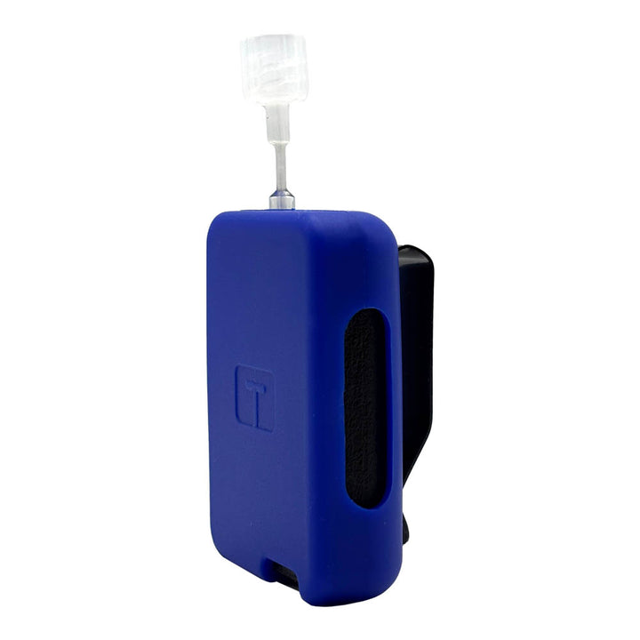 Blue Tandem Mobi EZ-To-Charge Clip with Mobi insulin pump inside the case, standing straight up tilted to left. 