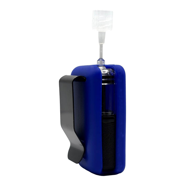 Blue Mobi Clip standing straight up showing metal clip on back. 