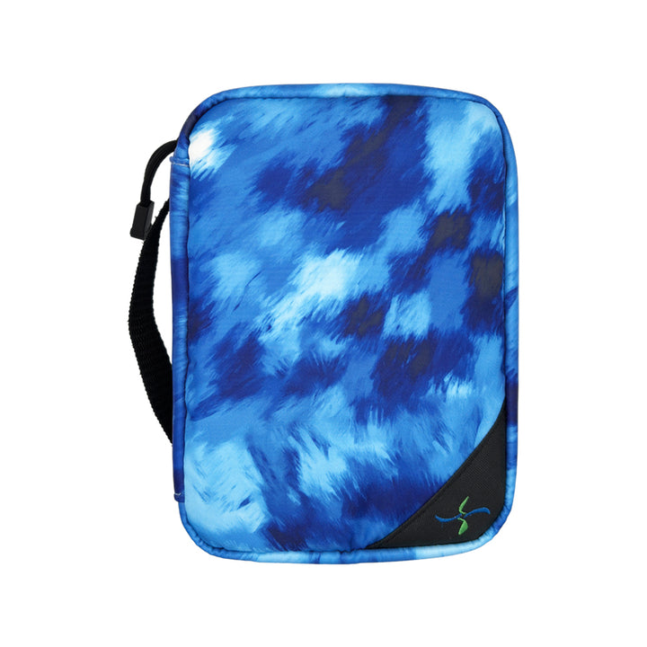 Sugar Medical blue wave patterned Diabetes Insulated Organizer with Sugar Medical logo on bottom right keeps your supplies organized, protected and secure.