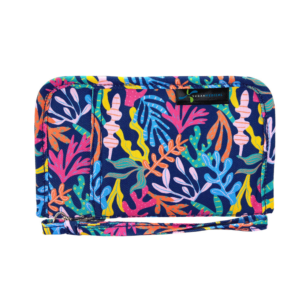 Sugar Medical Diabetes Supply Case II front that is navy blue with bright coral on it.