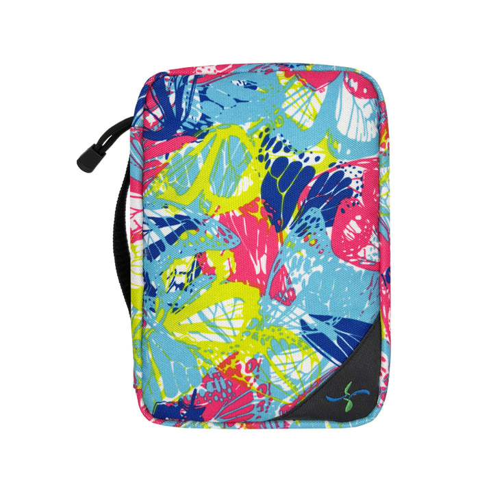 Sugar Medical pink, blue and green butterfly print Diabetes Insulated Organizer with Sugar Medical logo on bottom right keeps your supplies organized, protected and secure.