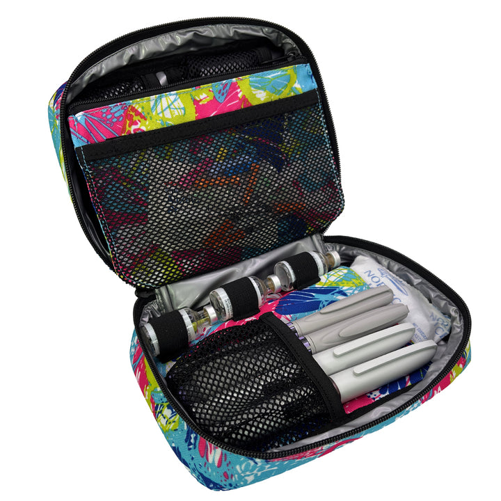 The back section of the pink, blue and green butterfly print diabetes organizer has three loops to secure insulin vials and mesh pocket that fits four insulin pens.