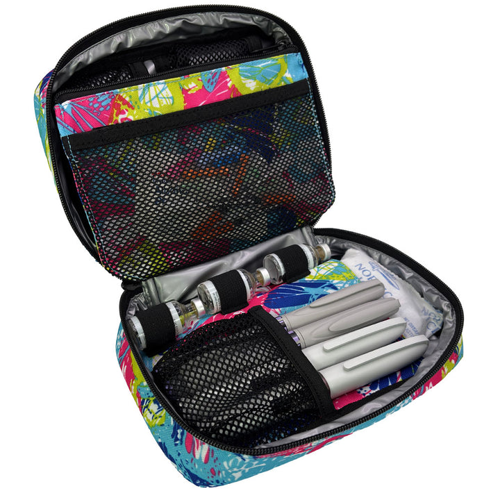 The back section of the pink, blue and green butterfly print diabetes organizer has three loops to secure insulin vials and mesh pocket that fits four insulin pens.