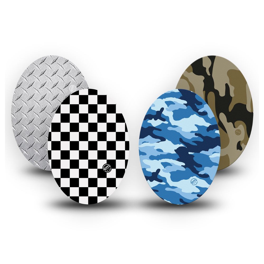 One of each of Expression Med Medtronic patch designs including Blue Camo, Camo, Checkered and Grid.