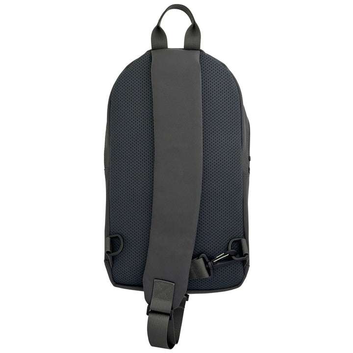 Diabetes Roam Insulated Sling Backpack in charcoal grey strap that can be worn on your right or left shoulder. 