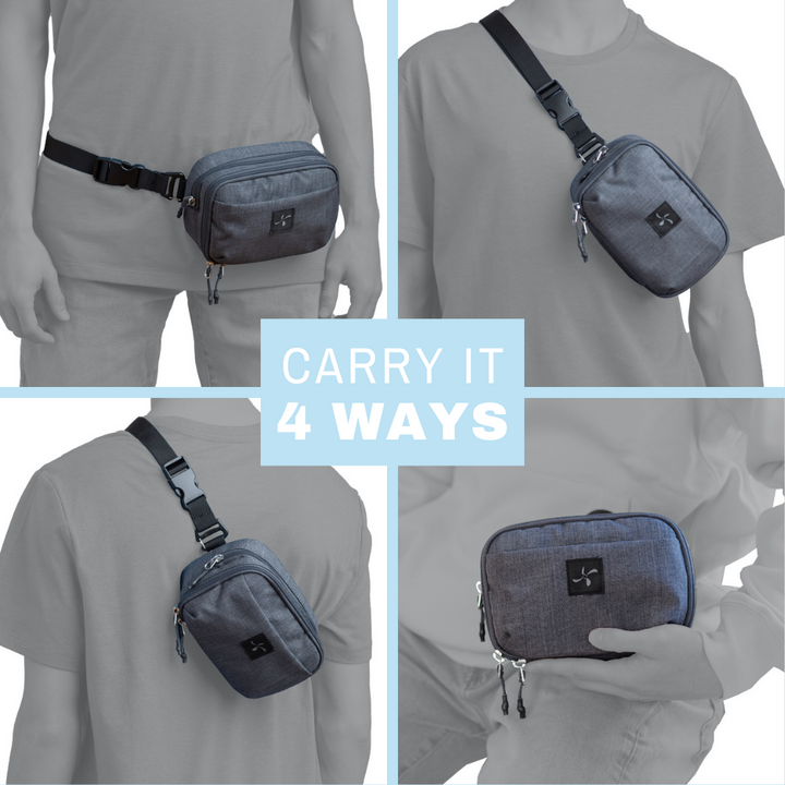 Diabetes Insulated Convertible Belt Bag in grey four ways to carry including on waist, crossbody in front, crossbody in back and in hand.