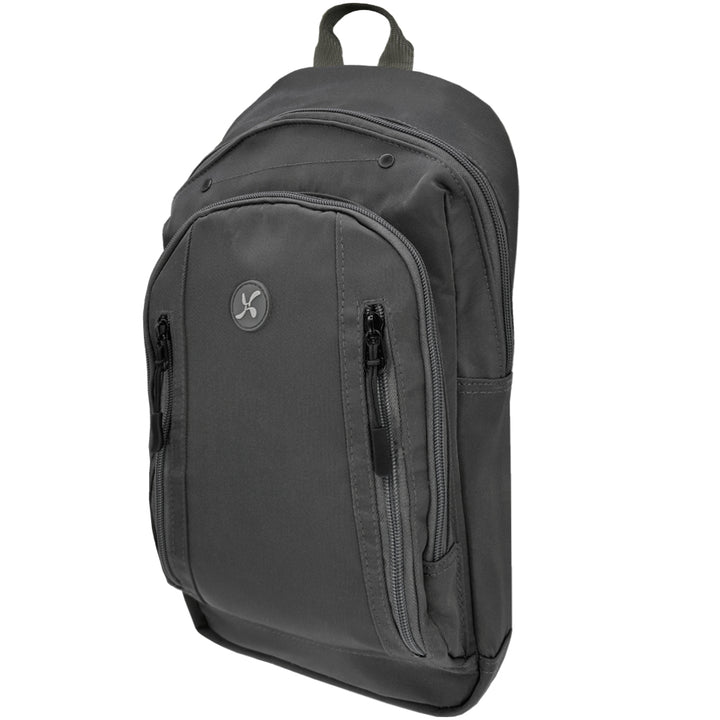Diabetes Roam Insulated Sling Backpack in charcoal grey side with two front zippers and two back compartments. 