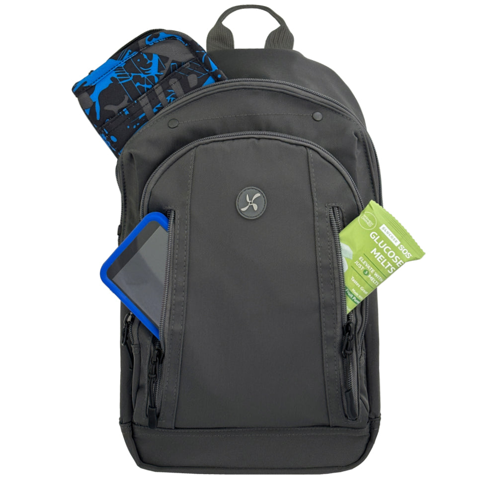 Diabetes Roam Insulated Sling Backpack in charcoal grey front pocket with glucose melts and Omnipod 5 PDM. 