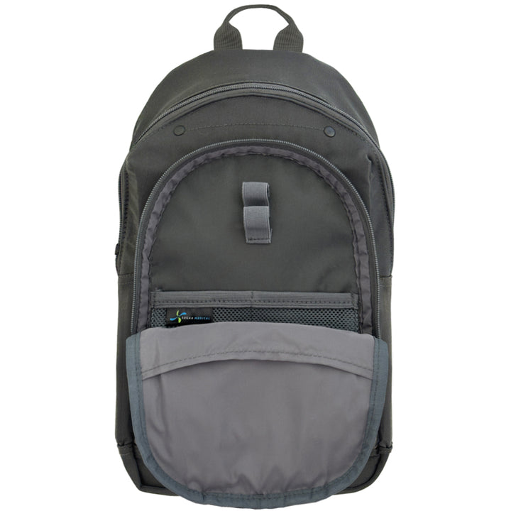 Diabetes Roam Insulated Sling Backpack in charcoal grey inside with pockets and loops to organize your diabetic supplies. 