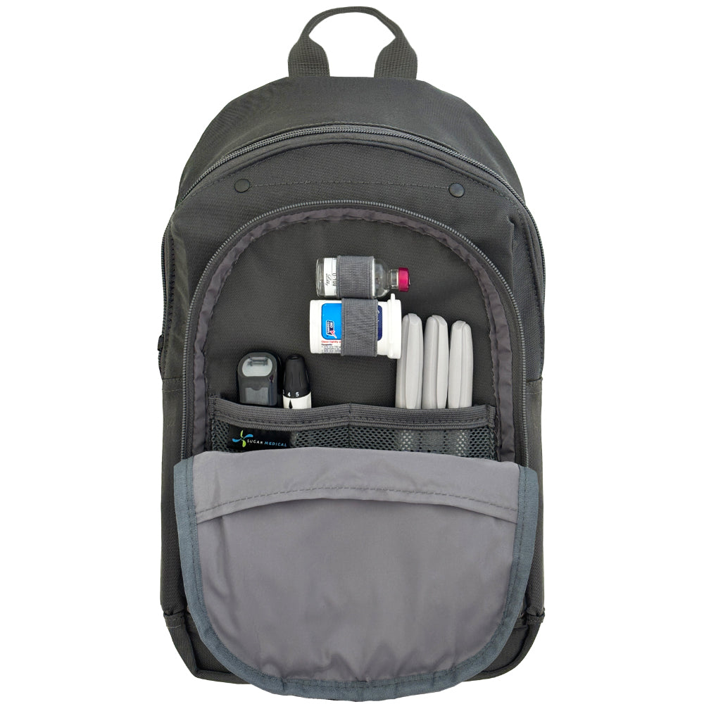 Diabetes Roam Insulated Sling Backpack in charcoal grey inside set up with glucose meter, test strips, lancet, insulin pens and vial. 
