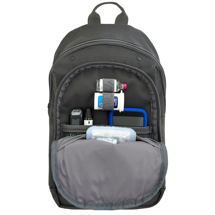 Diabetes Roam Insulated Sling Backpack in charcoal grey inside set up with glucose meter, test strips, lancet, insulin vial and Omnipod 5 PDM. 
