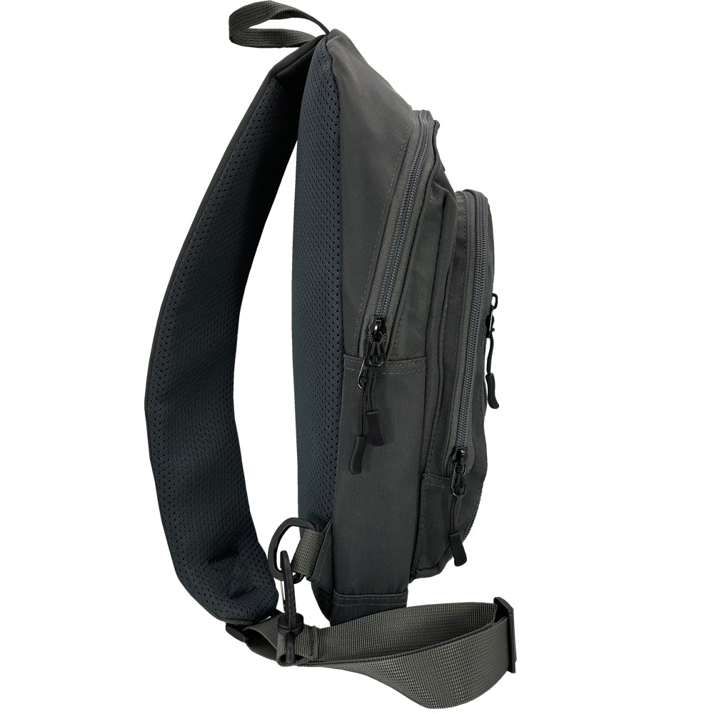 Diabetes Roam Insulated Sling Backpack in charcoal grey side with strap that can worn on your left or right shoulder. 