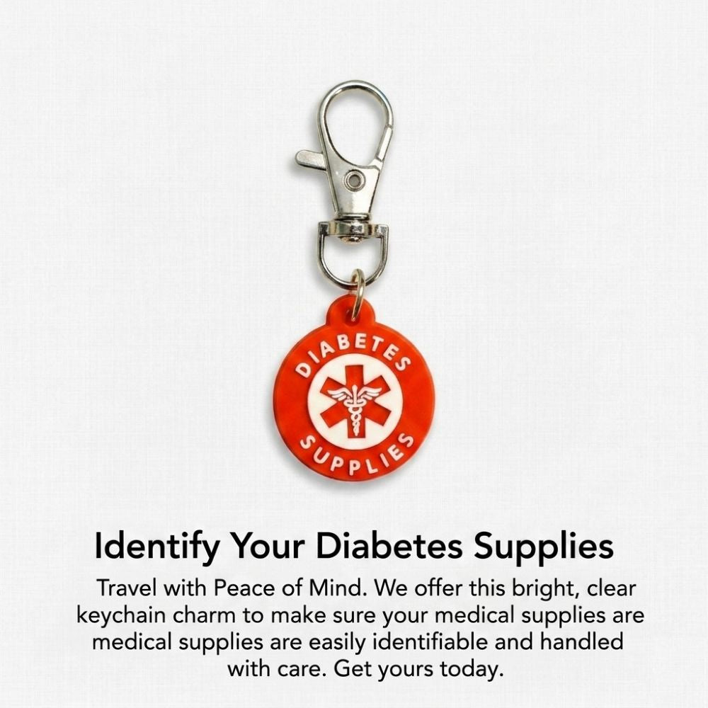 Red circular medical ID charm with clip, text: "Diabetes Supplies" with medical symbol. Text below: "Identify Your Diabetes Supplies" and product description.