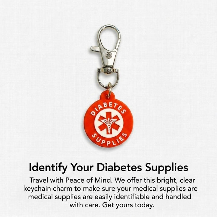 Red circular medical ID charm with clip, text: "Diabetes Supplies" with medical symbol. Text below: "Identify Your Diabetes Supplies" and product description.