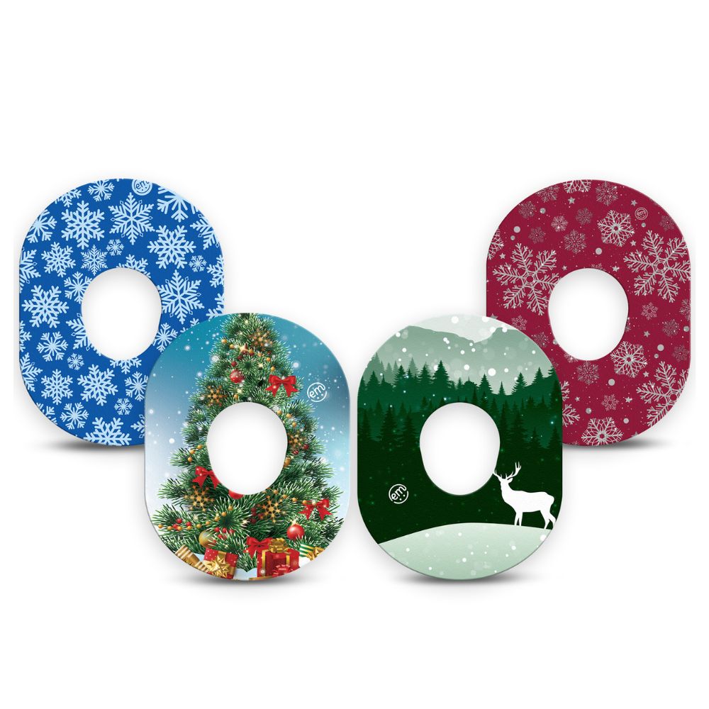  The Expression Med Dexcom G7 patches pack contains one of each of Expression Med patch designs: Silver Snowflakes, Snowflake, Christmas Wreath and Oh, Christmas Tree