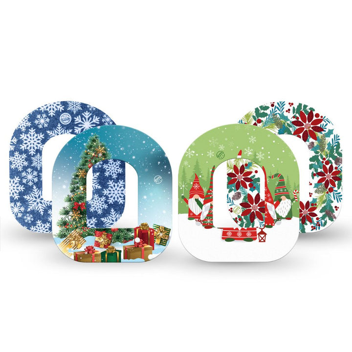 Pack contains one of each of Expression Med patch designs: Snowflake, Christmas Wreath, Holiday Gnomies and Oh, Christmas featuring our Pod specific cut-out!