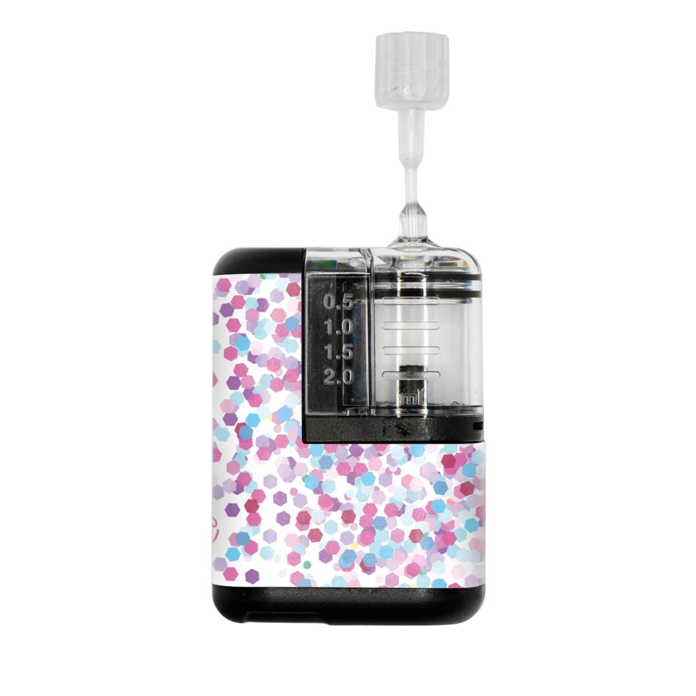 Tandem Mobi pump with a Expression Med pink and purple confetti sticker on it. 