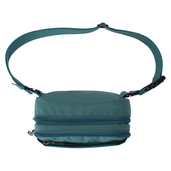 The top of the Green Pine Diabetes Insulated Convertible Supply Bag shows the adjustable and removable strap.