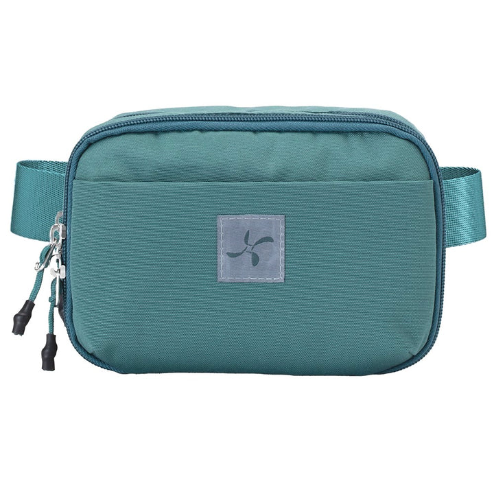 Front view of a pine green Insulated Convertible Case, designed as a belt bag, featuring a sleek, compact design with a secure zipper and adjustable strap