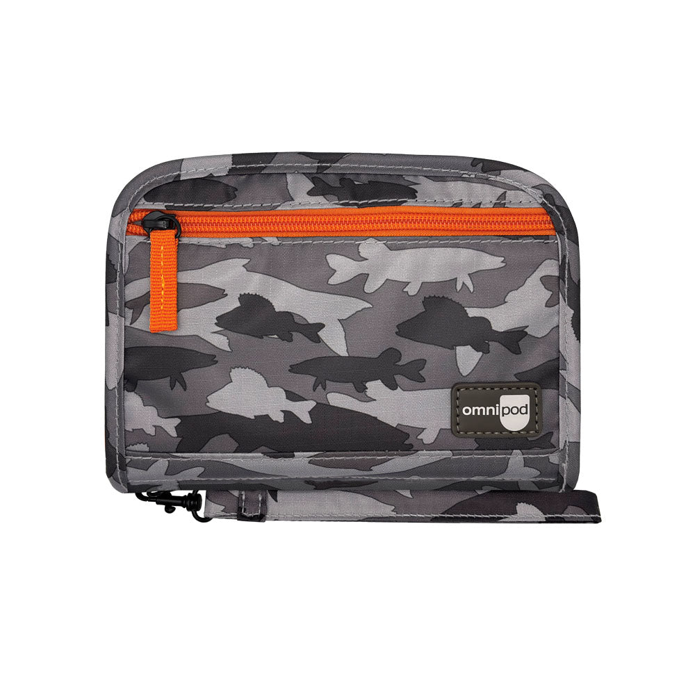 Camouflage-patterned pouch with orange zipper Omnipod supply case with aqua zipper on front for extra diabetic supplies.